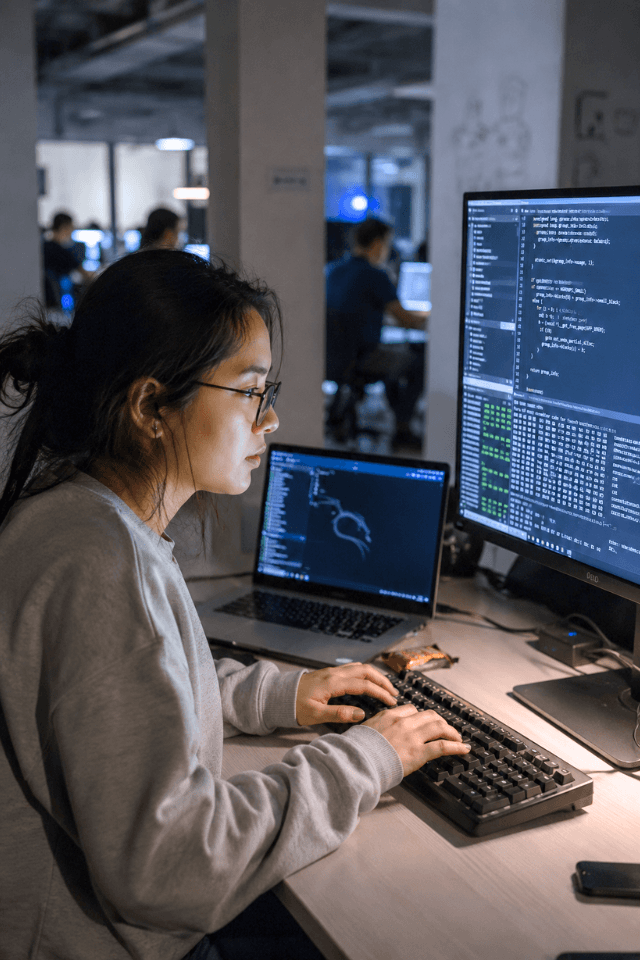 Étudiant en cybersécurité analysant du code dans un labo sombre